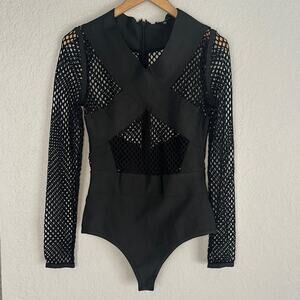 Wow Couture Black Net Bodysuit Long Sleeve Sexy Mesh Bondage Dominant Clubbing
